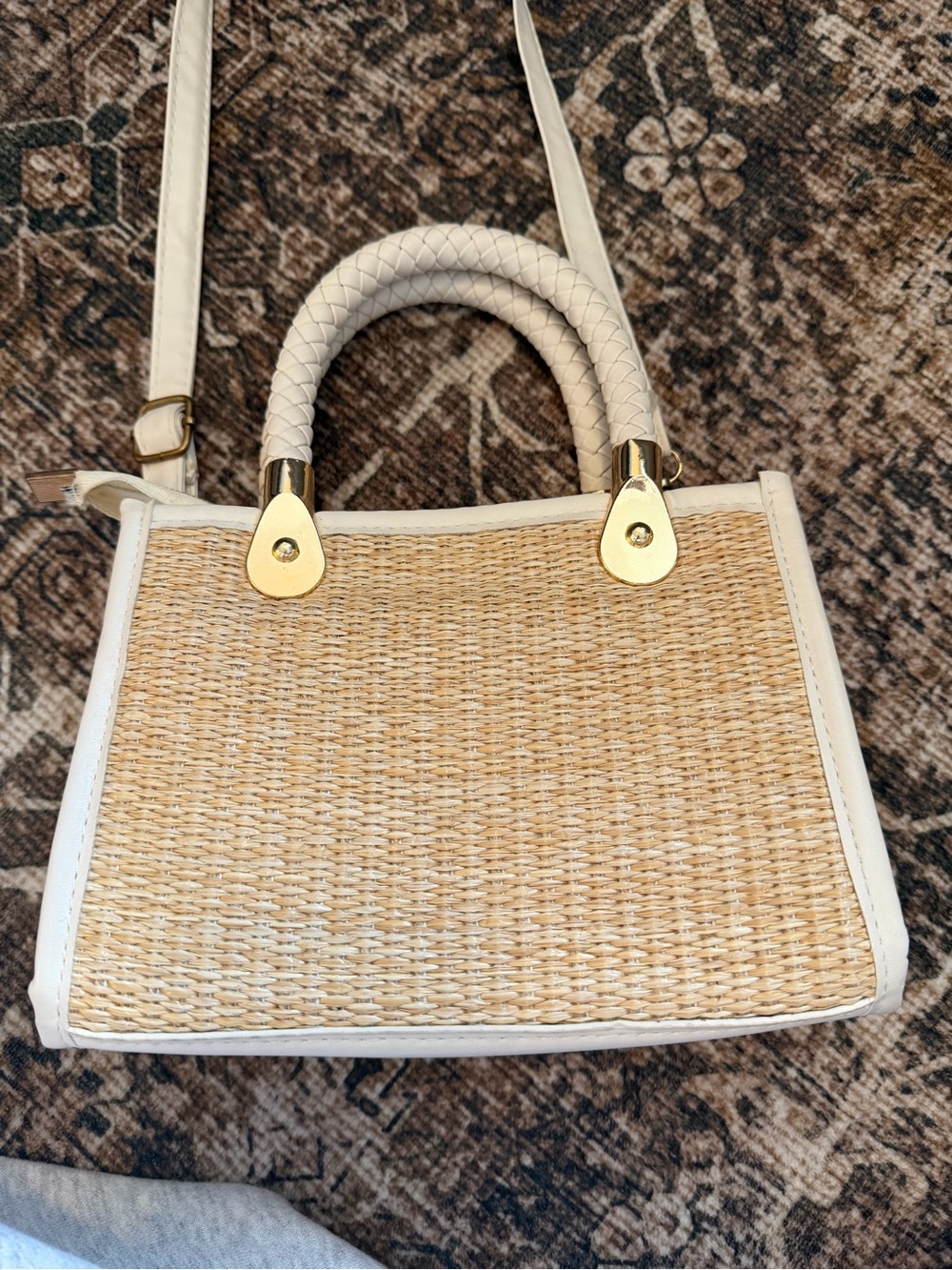 Mini Straw Bag Braided Detail Contrast Binding Zipper Cream & White - Picture 4 of 7